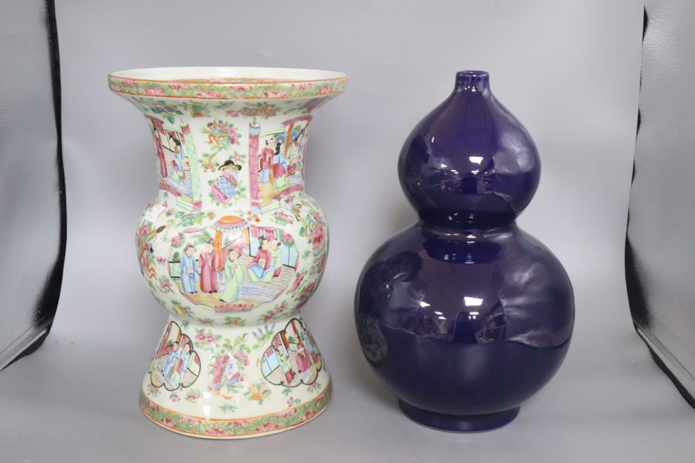 A Chinese blue glazed double gourd vase and a similar Canton vase